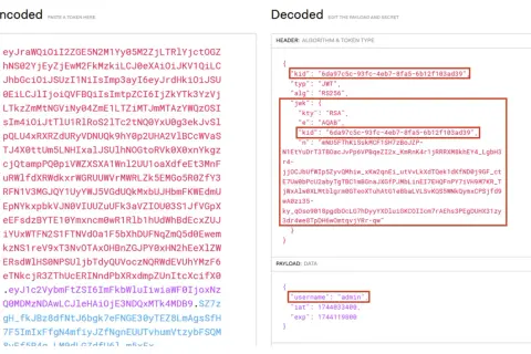 Un jeton JWT décodé montre un en-tête avec des informations sur l'algorithme et le type de jeton, ainsi qu'une charge utile contenant des données utilisateur.