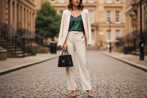 Elegancka kobieta w kremowym garniturze i zielonej bluzce, z czarną torebką. Inspiracja, jak ubierać się z klasą.