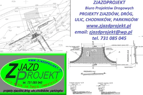 Projekt zjazdu z drogi powiatowej z widokiem na inwestycję. Firma Zjazdprojekt oferuje projekty zjazdów, dróg, ulic, chodników i parkingów.