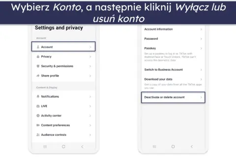Instrukcja jak usunąć konto na TikToku: wybierz "Konto", a następnie "Deactivate or delete account".