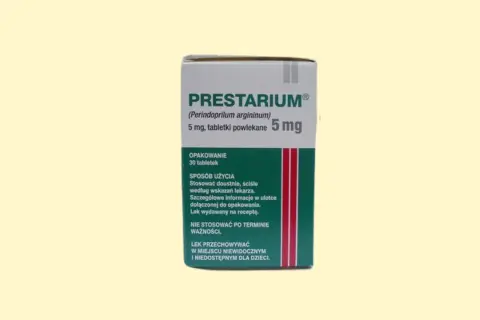 Opakowanie leku Prestarium 5 mg, tabletki powlekane. Stosować doustnie, ściśle według zaleceń lekarza.