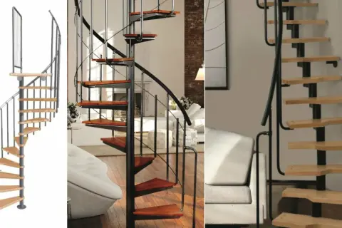 Nowoczesne schody kręcone z drewnianymi stopniami i metalową balustradą, idealne do adaptacji poddasza.