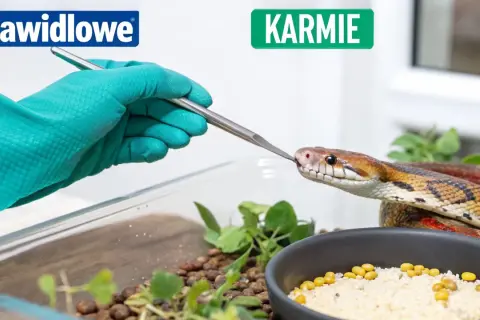 Wąż zbożowy karmiony z pęsety w terrarium. Prawidłowe karmienie to klucz do zdrowia gada.