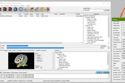 Program MediaCoder pokazuje, jak zmniejszyć rozmiar filmu. Plik 578 MB jest przetwarzany, aby uzyskać mniejszy rozmiar.