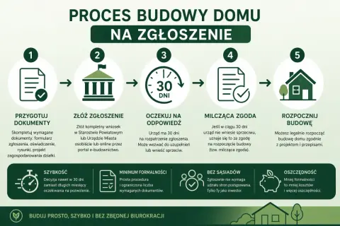 Schemat procesu budowy domu na zgłoszenie: przygotowanie dokumentów, złożenie wniosku, oczekiwanie na odpowiedź (30 dni), milcząca zgoda, rozpoczęcie budowy. Projekt budowlany jest kluczowy.