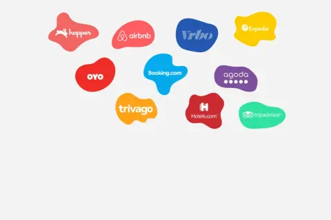 Logotypy platform rezerwacji: Hopper, Airbnb, Vrbo, Expedia, OYO, Booking.com, Agoda, Trivago, Hotels.com, TripAdvisor. Idealne dla każdego channel manager.