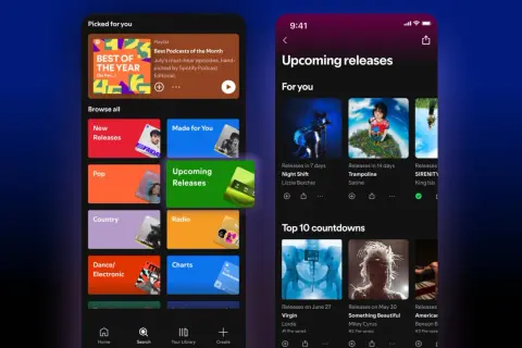 Spotify app showing "Upcoming releases" with options to "how to presave on Spotify" for new music.