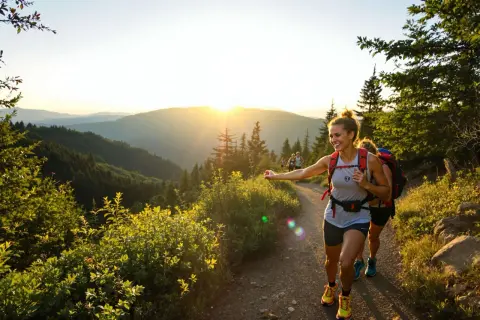 Randonnée au coucher du soleil, victor daviet et ses amis profitent de la vue sur les montagnes.