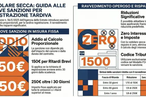 Guida alle nuove sanzioni per registrazione tardiva oltre 5 anni: addio calcolo proporzionale, sanzioni fisse da 150€ e 250€. Ravvedimento operoso riduce le sanzioni.