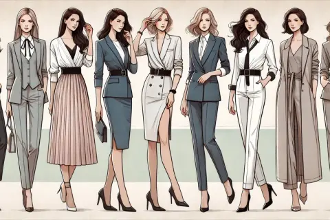 Eleganckie kobiety prezentują stylową odzież damską: garnitury, spódnice i płaszcze.
