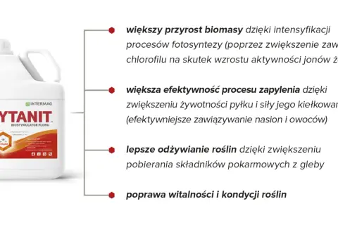 Butelka biostymulatora plonu TYTANIT. Zwiększa przyrost biomasy, efektywność zapylenia, odżywianie roślin i poprawia ich kondycję.