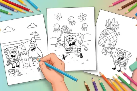 Páginas de personajes de Bob Esponja para colorear: Bob Esponja y Patricio construyen castillos de arena, Bob Esponja caza medusas y Bob Esponja saluda desde su piña.