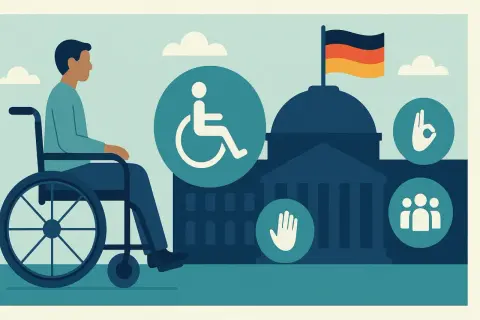Mann im Rollstuhl vor einem Gebäude mit deutscher Flagge. Symbole für Barrierefreiheit und Gemeinschaft stehen für die Rechte **behinderter in Deutschland**.