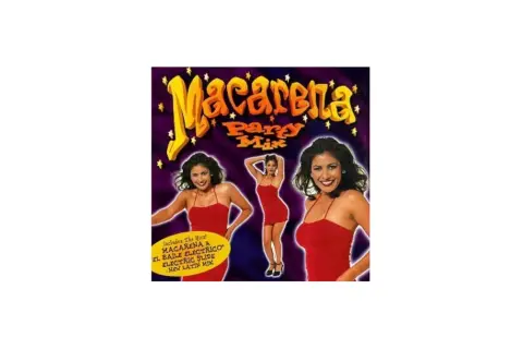 Albumcover "Macarena Party Mix" mit drei Bildern einer Frau in rotem Kleid. Perfekt für Lieder zum Mittanzen wie Macarena.