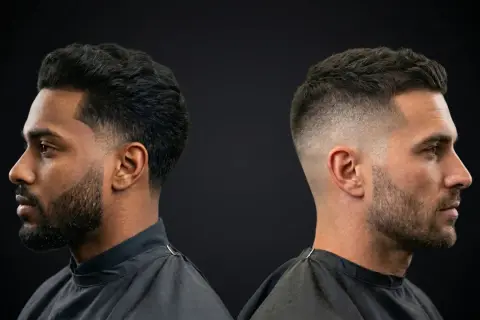 Deux hommes, deux styles de coupe homme nom. L'un avec une barbe fournie et des cheveux texturés, l'autre avec un dégradé net et une barbe courte.