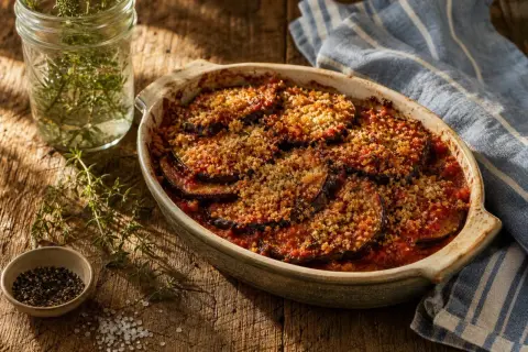 Un délicieux gratin d'aubergine, aux tranches dorées et croustillantes, baignant dans une sauce tomate savoureuse. Un plat réconfortant.