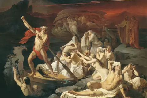 Pędzący Charon z wiosłem, przewożący dusze przez mroczną rzekę, na tle ognistego nieba.