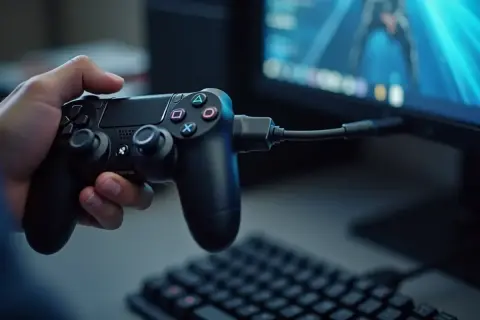 Dłoń trzymająca czarny pad PS4 podłączony kablem do komputera.