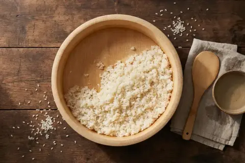 En träskål fylld med fluffigt, ångande ris. Bredvid ligger en träsked och en liten skål, redo att förbereda det godaste riset.