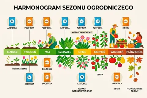 Harmonogram sezonu ogrodniczego: od marca do października, z zastosowaniem nawozów Azofoska i Polifoska dla wzrostu i zbiorów.