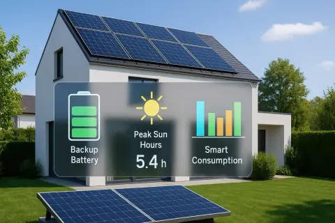 Casa con pannelli fotovoltaici sul tetto, batteria di backup e grafico di consumo intelligente.