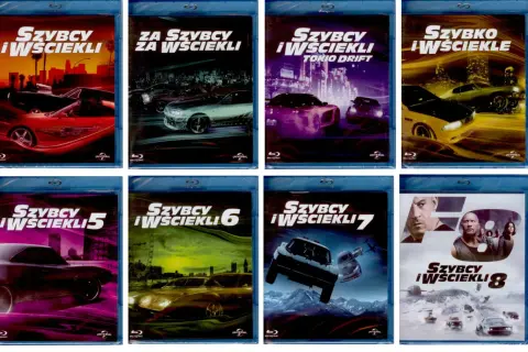 Kolekcja filmów Szybcy i wściekli na Blu-ray: od klasyków z samochodami po epickie pościgi.