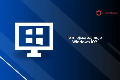 Ikona komputera z logo Windows i tekst "Ile miejsca zajmuje Windows 10?". Sprawdź wymagania systemu.