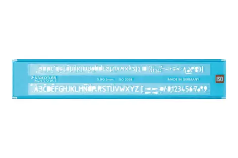 Gabarit Staedtler pour décorer une lettre avec des lettres majuscules, minuscules, chiffres et symboles.