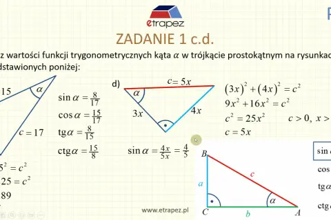 Zadanie 1 c.d. pokazuje definicję sinusa i innych funkcji trygonometrycznych w trójkątach prostokątnych.