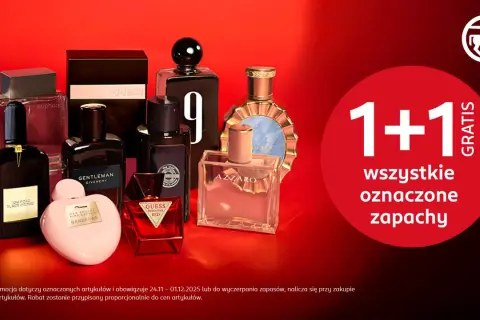 Kolekcja flakonów perfum różnych marek na czerwonym tle z napisem "1+1 GRAtIS".