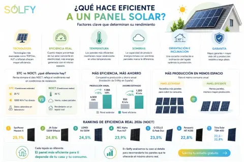 Infografía sobre factores que determinan el **rendimiento** de **placas solares**, incluyendo tecnología, temperatura, sombras, orientación, inclinación y garantía.