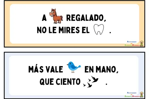 Refranes para niños de primaria: "A caballo regalado, no le mires el diente" y "Más vale pájaro en mano que ciento volando".