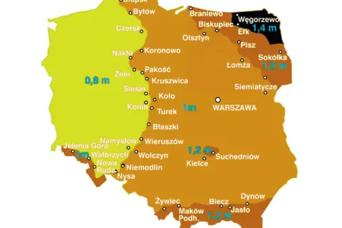 Mapa Polski z zaznaczonymi miastami i informacją, jak obliczyć głębokość fundamentów w zależności od regionu (np. 0,8 m, 1 m, 1,2 m, 1,4 m).