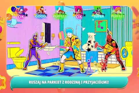 Kolorowi tancerze w kreskówkowym stylu tańczą w łazience, z ocenami "OK", "GOOD", "PERFECT", "SUPER".