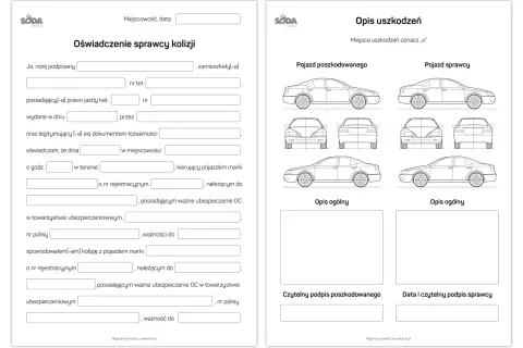 Formularz oświadczenia sprawcy kolizji drogowej, z miejscem na dane kierowców, opis pojazdów i szkód.