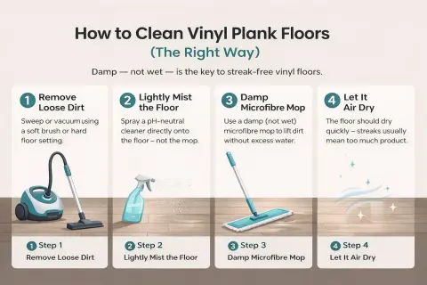 Learn how to clean vinyl plank flooring: 1. Remove loose dirt. 2. Lightly mist with cleaner. 3. Damp microfiber mop. 4. Let air dry.