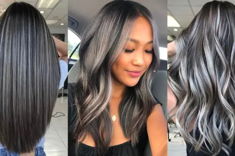 Mechas plateadas y grises para disimular canas, creando un look moderno y natural en diferentes estilos de cabello.