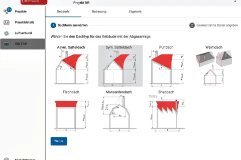 Software zur Berechnung von **ableitbedingungen schornstein**. Auswahl verschiedener Dachformen für Gebäude mit Abgasanlage.