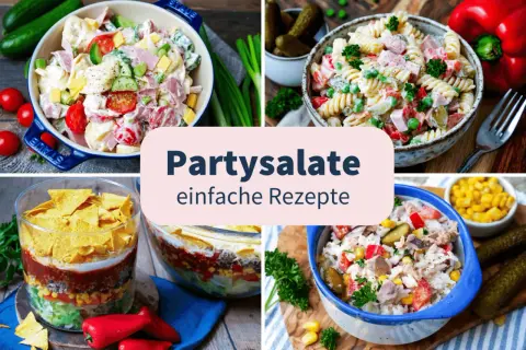 Vier leckere Partysalate, von Nudel- bis Schichtsalat, perfekt für deine nächste Feier. Hier findest du die besten Salate zur Party!