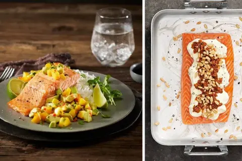 Laxfilé med mangosalsa och ris, samt en annan laxfilé med krämig topping och pinjenötter. Ett inspirerande fisk recept!
