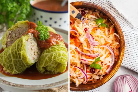 Rollitos de col rellenos y ensalada de col con cebolla morada. Dos deliciosas recetas con col para inspirarte.