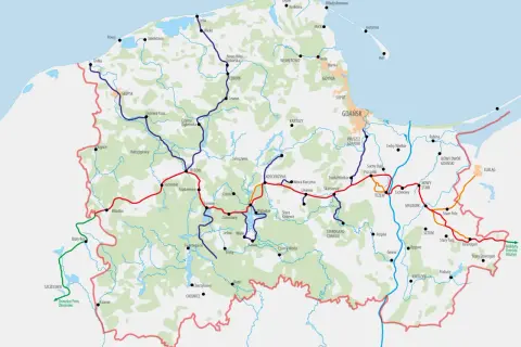 Mapa przedstawia sieć **tras rowerowych Pomorze**, łączących m.in. Gdańsk, Słupsk, Lębork i Chojnice.