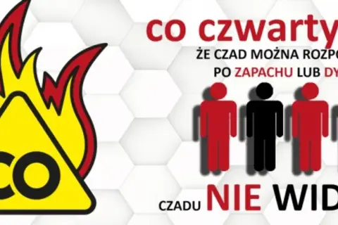Ostrzeżenie przed czadem: płomienie otaczają trójkąt z napisem "CO". Tekst informuje, że czadu nie widać, choć można go rozpoznać po zapachu lub dymie.