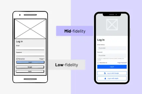 Comparaison de maquettes : une low-fidelity (esquisse) et une mid-fidelity (plus détaillée) pour un écran de connexion. Les aria attributes sont essentiels pour l'accessibilité.