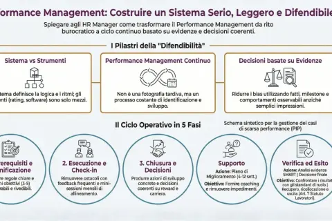 Schema del Performance Management: pilastri, ciclo operativo e obiettivi smart esempio.