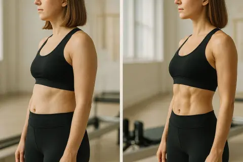 Porównanie sylwetki przed i po ćwiczeniach pilates. Widoczne wyraźne pilates efekty przed i po, zwłaszcza na brzuchu.