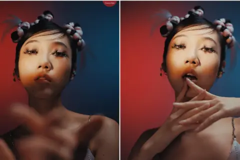 Split image shows a woman with braided buns. Left side uses harsh lighting, right side uses soft lighting, creating different moods.