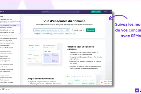 Vue d'ensemble du domaine SEMrush : analyse des concurrents, recherche organique. Comprendre le trafic et les mots clés, c'est essentiel pour le SEO.