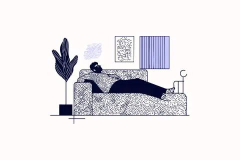 Mężczyzna leży na kanapie, pogrążony w myślach. Ilustracja symbolizuje prokrastynację i psychologię odkładania zadań na później.