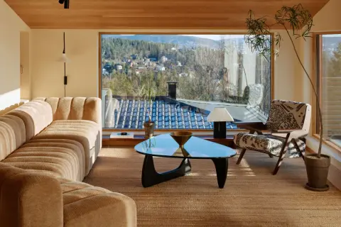 Gemütliches Wohnzimmer im midcentury stil mit einem geschwungenen Sofa, einem Glas-Couchtisch und einem Sessel mit Muster. Große Fenster bieten Blick auf eine bewaldete Hügellandschaft.